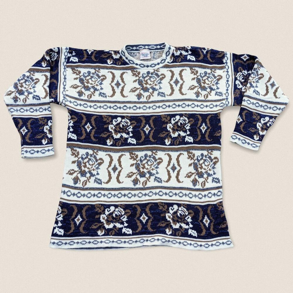 Vintage floral roses Grandma Sweater mockneck‎ Size Large Huntington Ridge